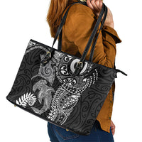 Aotearoa Maori Sea Animals Tribal Leather Tote Bag Manta Ray and Shark Moko Pattern Black Color