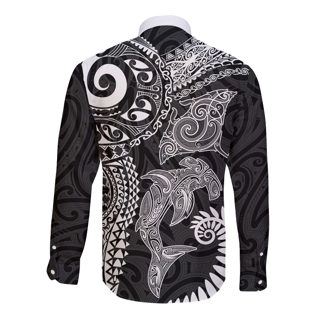 Aotearoa Maori Sea Animals Tribal Long Sleeve Button Shirt Manta Ray and Shark Moko Pattern Black Color