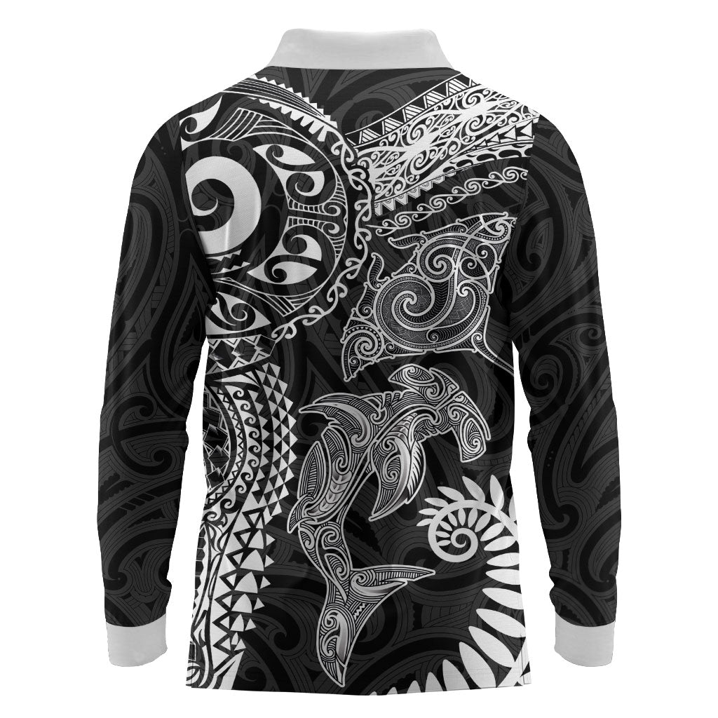 Aotearoa Maori Sea Animals Tribal Long Sleeve Polo Shirt Manta Ray and Shark Moko Pattern Black Color