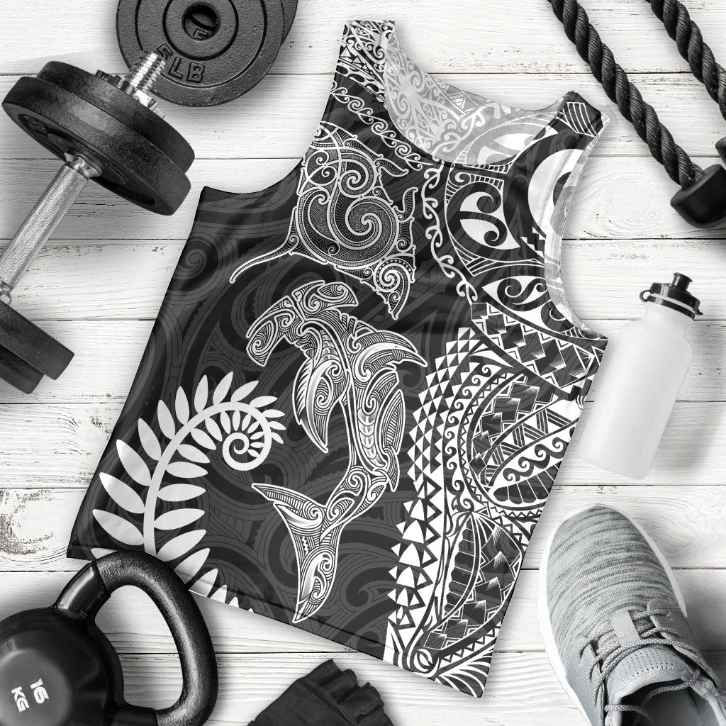 Aotearoa Maori Sea Animals Tribal Men Tank Top Manta Ray and Shark Moko Pattern Black Color