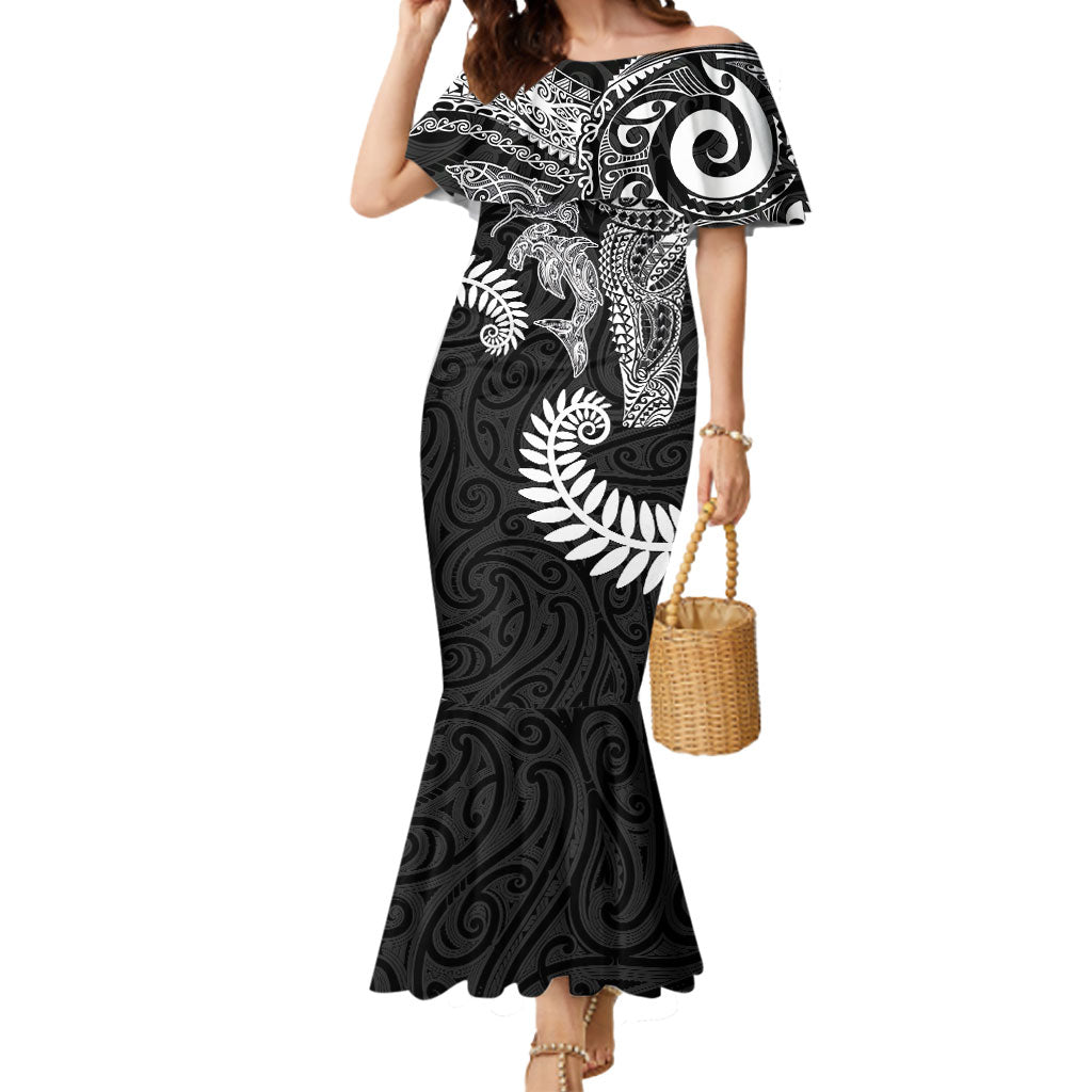 Aotearoa Maori Sea Animals Tribal Mermaid Dress Manta Ray and Shark Moko Pattern Black Color