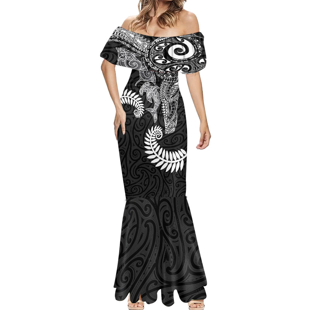 Aotearoa Maori Sea Animals Tribal Mermaid Dress Manta Ray and Shark Moko Pattern Black Color