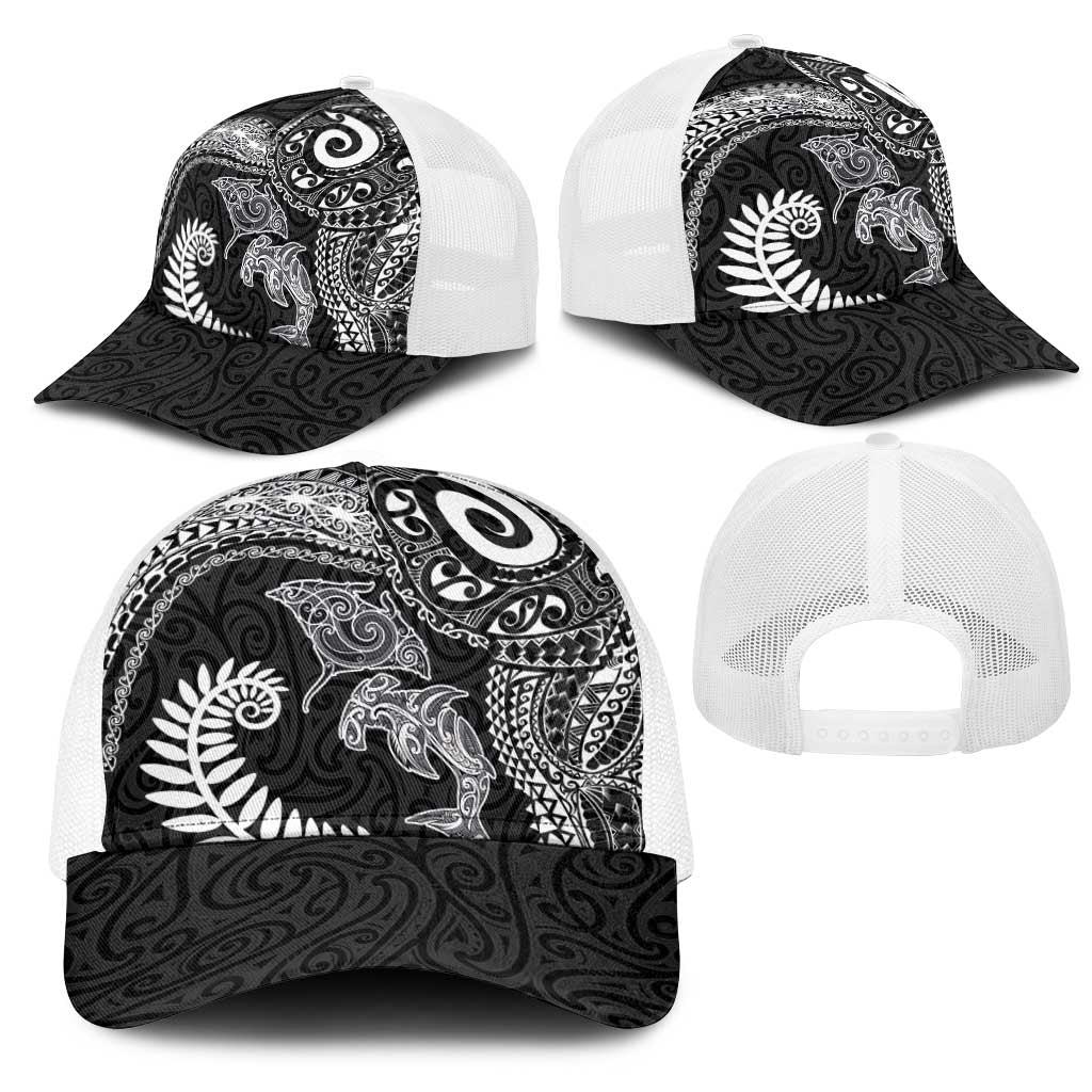 Aotearoa Maori Sea Animals Tribal Mesh Trucker Cap Manta Ray and Shark Moko Pattern Black Color LT03 - Polynesian Pride