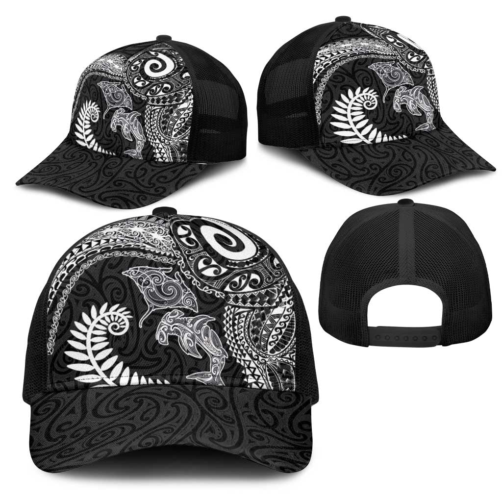 Aotearoa Maori Sea Animals Tribal Mesh Trucker Cap Manta Ray and Shark Moko Pattern Black Color LT03 - Polynesian Pride