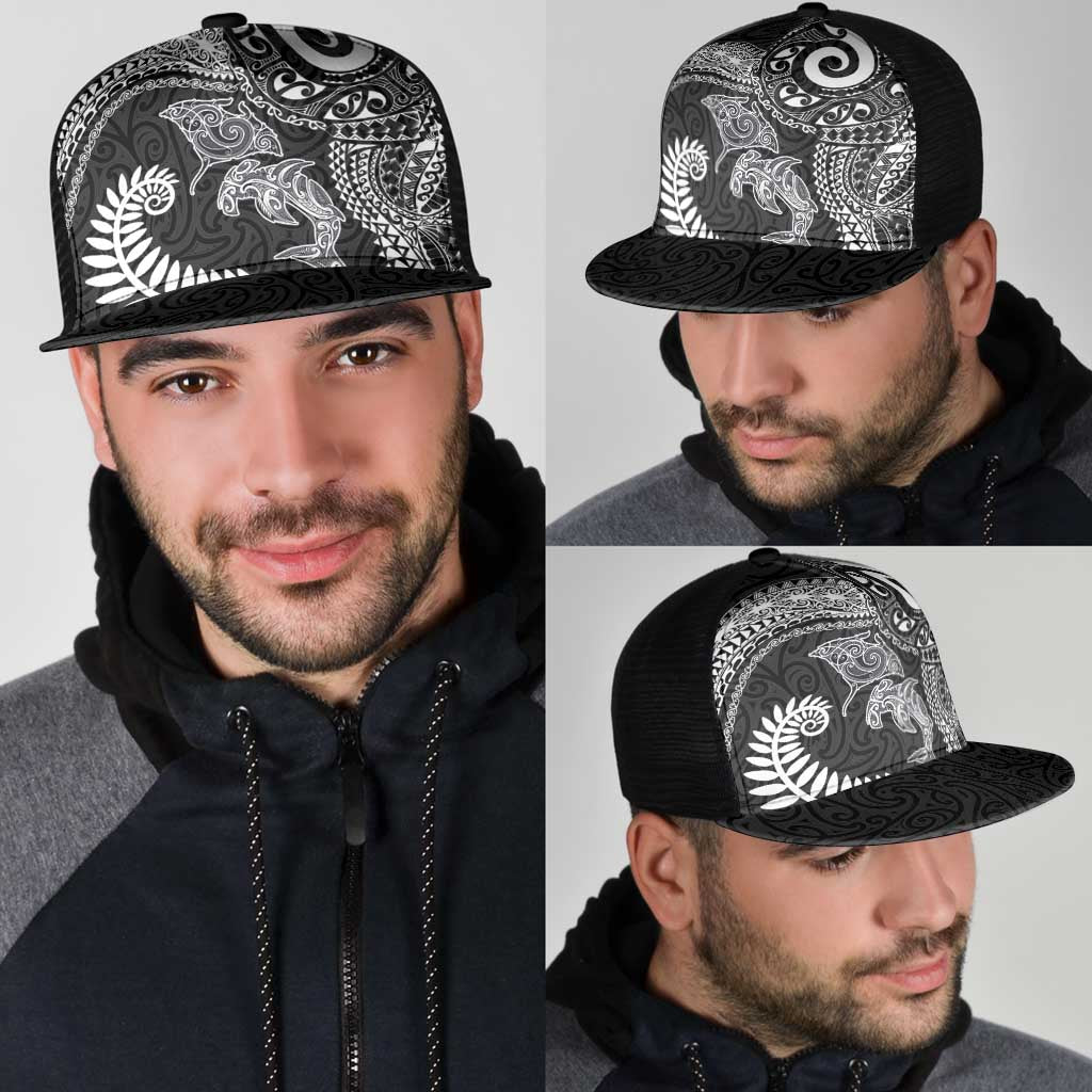 Aotearoa Maori Sea Animals Tribal Mesh Trucker Cap Manta Ray and Shark Moko Pattern Black Color LT03 - Polynesian Pride