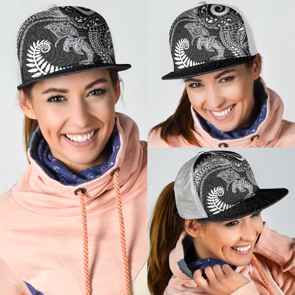 Aotearoa Maori Sea Animals Tribal Mesh Trucker Cap Manta Ray and Shark Moko Pattern Black Color LT03 - Polynesian Pride