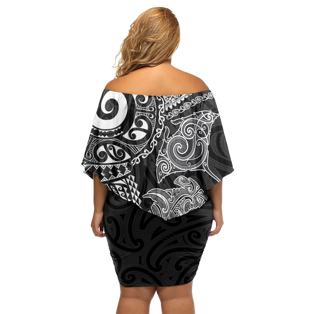 Aotearoa Maori Sea Animals Tribal Off Shoulder Short Dress Manta Ray and Shark Moko Pattern Black Color