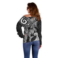 Aotearoa Maori Sea Animals Tribal Off Shoulder Sweater Manta Ray and Shark Moko Pattern Black Color