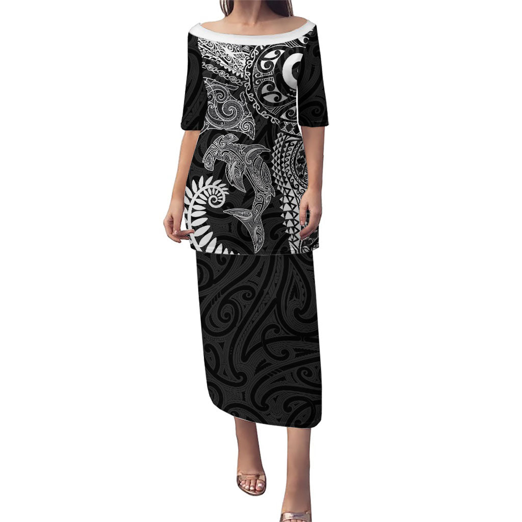 Aotearoa Maori Sea Animals Tribal Puletasi Manta Ray and Shark Moko Pattern Black Color LT03 Long Dress Black - Polynesian Pride