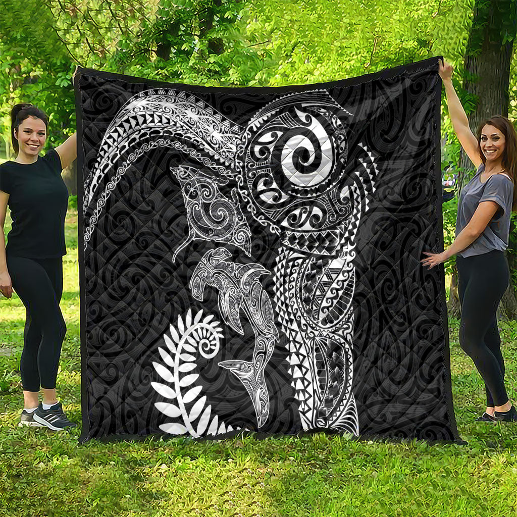 Aotearoa Maori Sea Animals Tribal Quilt Manta Ray and Shark Moko Pattern Black Color LT03 - Polynesian Pride
