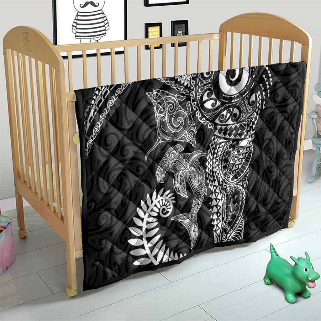 Aotearoa Maori Sea Animals Tribal Quilt Manta Ray and Shark Moko Pattern Black Color LT03 - Polynesian Pride