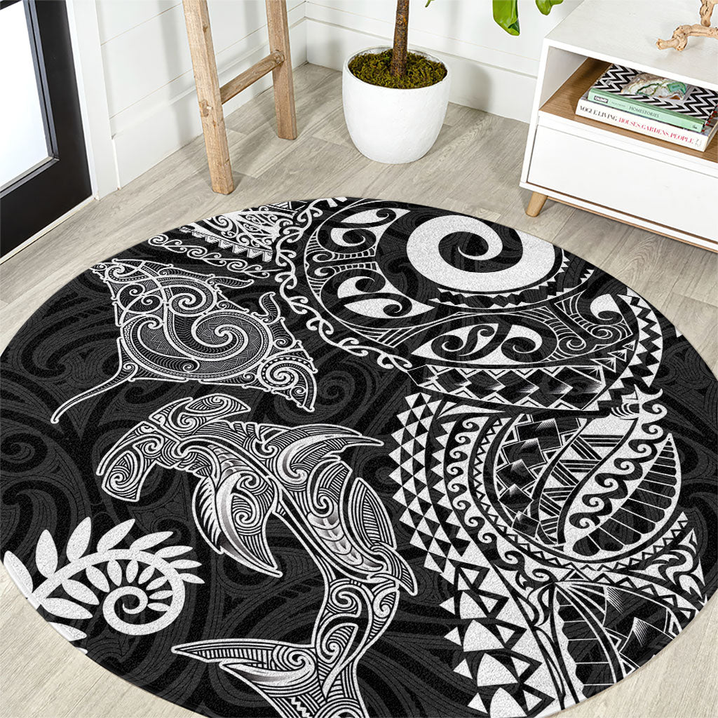 Aotearoa Maori Sea Animals Tribal Round Carpet Manta Ray and Shark Moko Pattern Black Color LT03 Black - Polynesian Pride