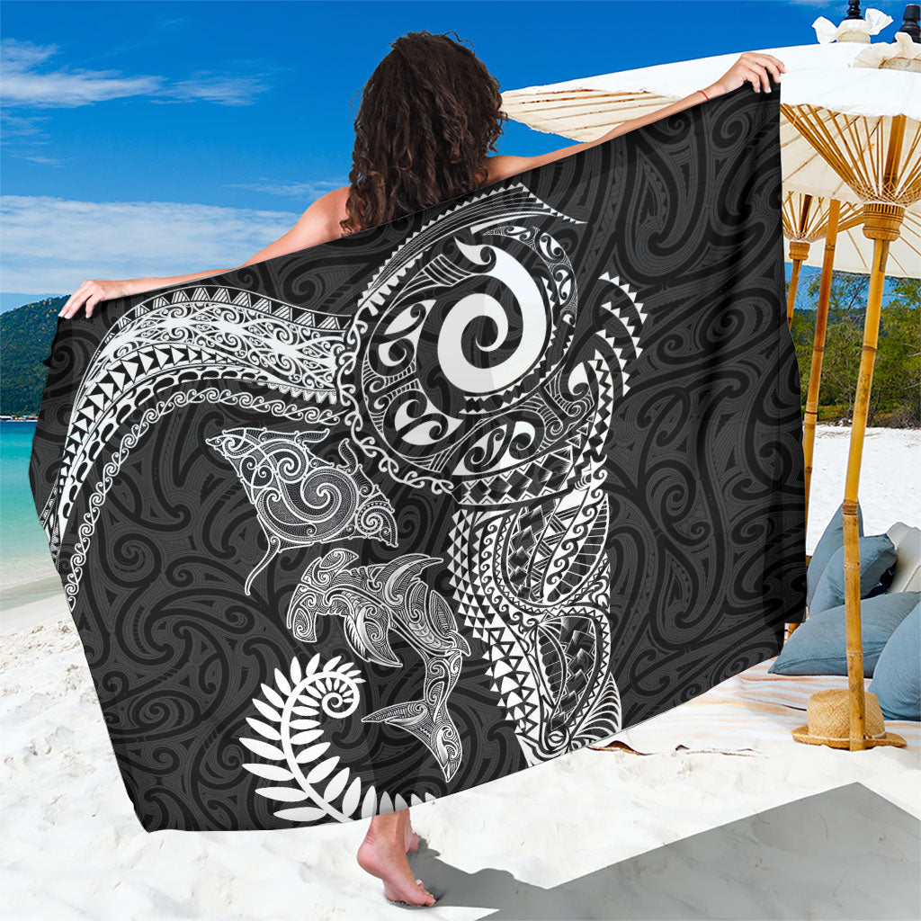 Aotearoa Maori Sea Animals Tribal Sarong Manta Ray and Shark Moko Pattern Black Color LT03 One Size 44 x 66 inches Black - Polynesian Pride