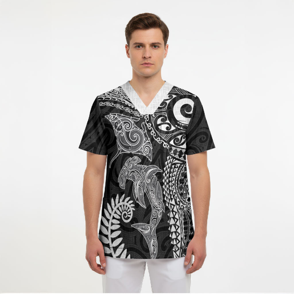 Aotearoa Maori Sea Animals Tribal Scrub Top Manta Ray and Shark Moko Pattern Black Color LT03 - Polynesian Pride