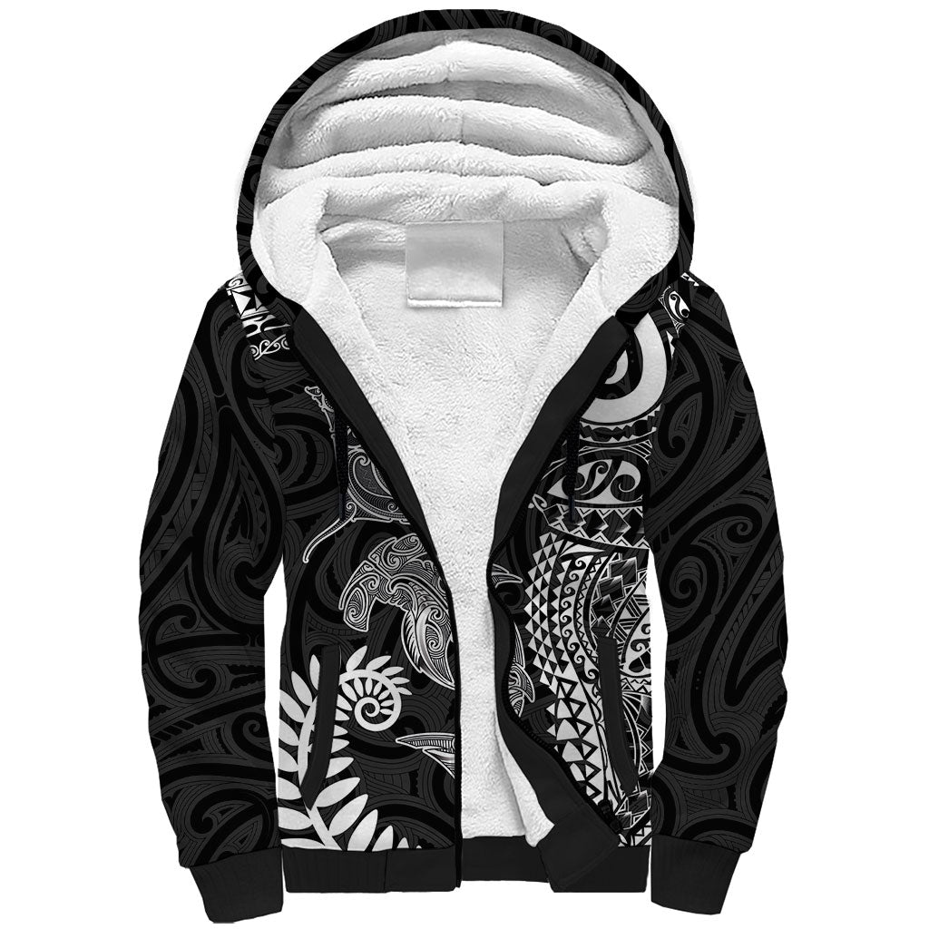 Aotearoa Maori Sea Animals Tribal Sherpa Hoodie Manta Ray and Shark Moko Pattern Black Color LT03 Unisex Black - Polynesian Pride