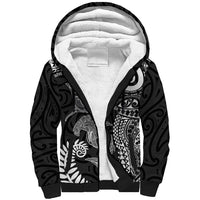 Aotearoa Maori Sea Animals Tribal Sherpa Hoodie Manta Ray and Shark Moko Pattern Black Color
