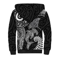 Aotearoa Maori Sea Animals Tribal Sherpa Hoodie Manta Ray and Shark Moko Pattern Black Color