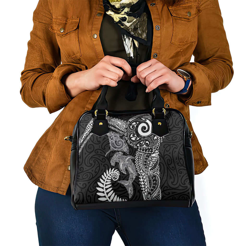 Aotearoa Maori Sea Animals Tribal Shoulder Handbag Manta Ray and Shark Moko Pattern Black Color