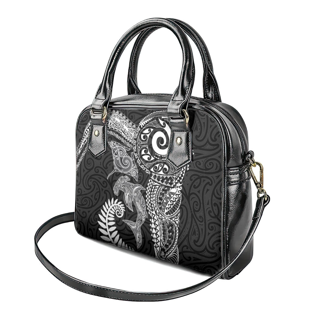 Aotearoa Maori Sea Animals Tribal Shoulder Handbag Manta Ray and Shark Moko Pattern Black Color