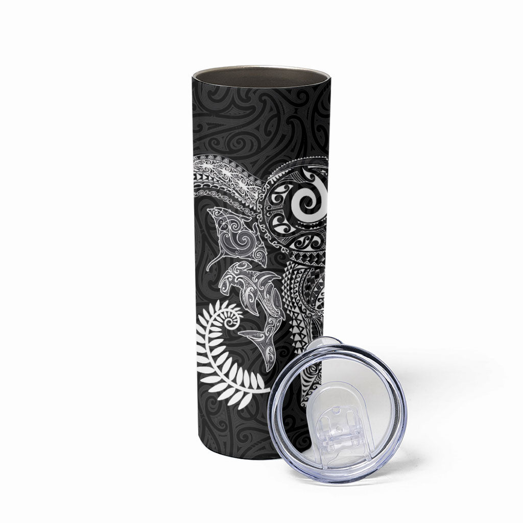 Aotearoa Maori Sea Animals Tribal Skinny Tumbler Manta Ray and Shark Moko Pattern Black Color
