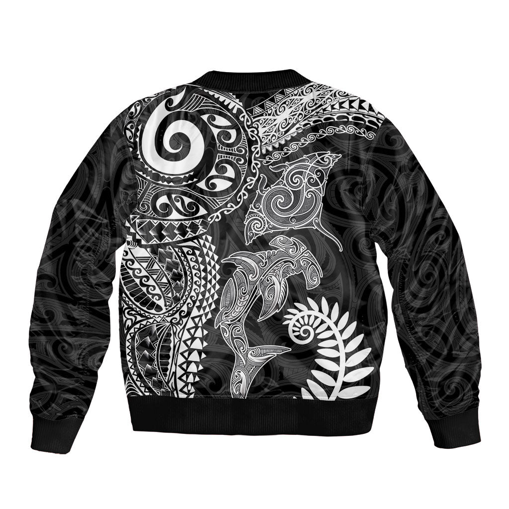 Aotearoa Maori Sea Animals Tribal Sleeve Zip Bomber Jacket Manta Ray and Shark Moko Pattern Black Color