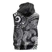 Aotearoa Maori Sea Animals Tribal Sleeveless Hoodie Manta Ray and Shark Moko Pattern Black Color