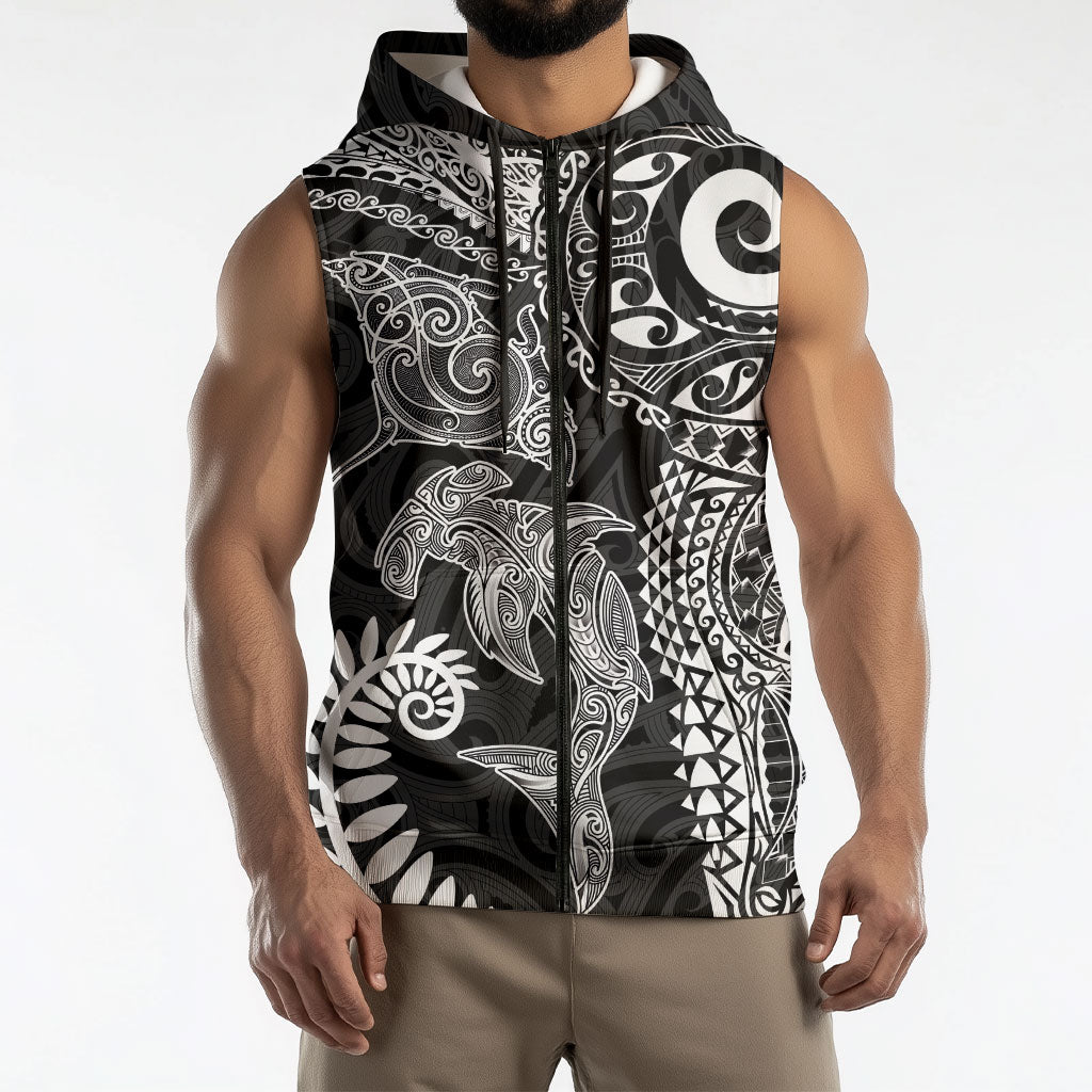 Aotearoa Maori Sea Animals Tribal Sleeveless Zip Hoodie Manta Ray and Shark Moko Pattern Black Color