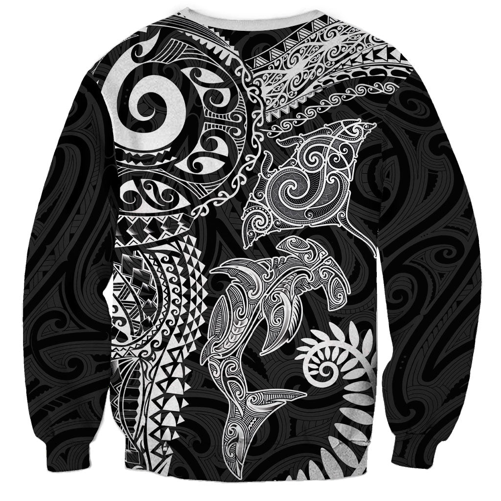 Aotearoa Maori Sea Animals Tribal Sweatshirt Manta Ray and Shark Moko Pattern Black Color