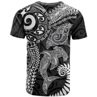 Aotearoa Maori Sea Animals Tribal T Shirt Manta Ray and Shark Moko Pattern Black Color