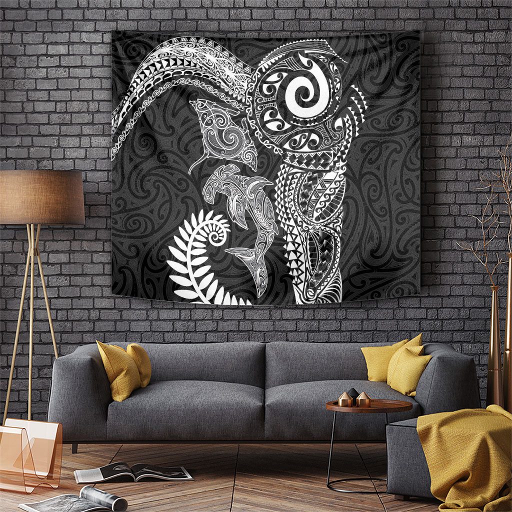 Aotearoa Maori Sea Animals Tribal Tapestry Manta Ray and Shark Moko Pattern Black Color LT03 Black - Polynesian Pride