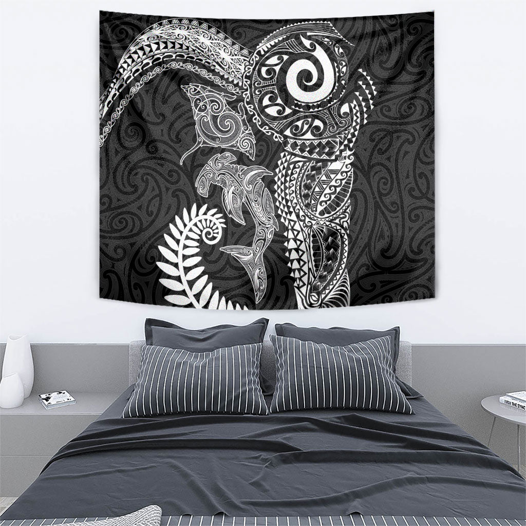 Aotearoa Maori Sea Animals Tribal Tapestry Manta Ray and Shark Moko Pattern Black Color LT03 - Polynesian Pride
