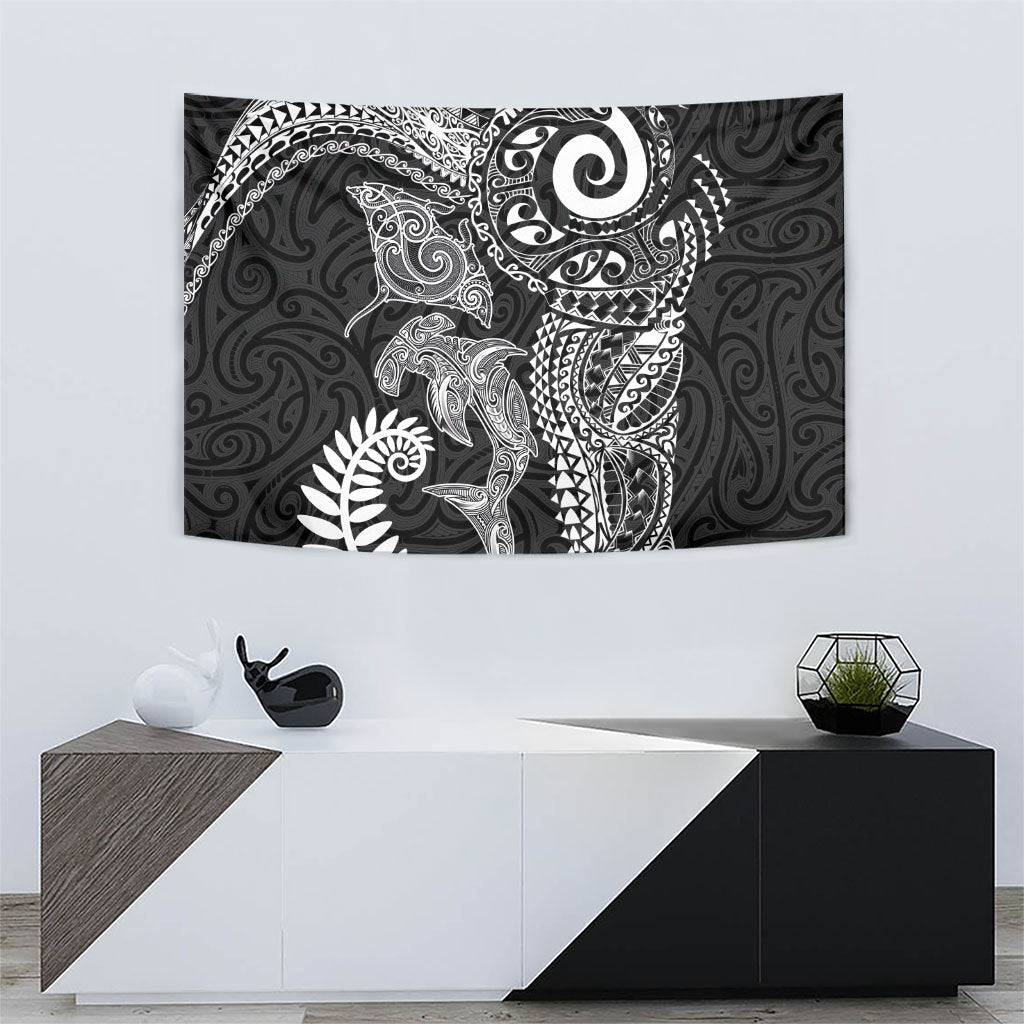 Aotearoa Maori Sea Animals Tribal Tapestry Manta Ray and Shark Moko Pattern Black Color LT03 - Polynesian Pride