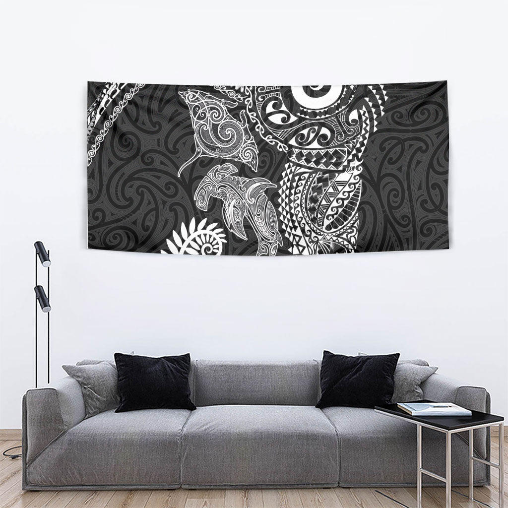 Aotearoa Maori Sea Animals Tribal Tapestry Manta Ray and Shark Moko Pattern Black Color LT03 - Polynesian Pride