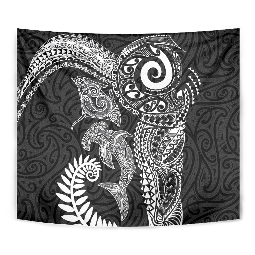 Aotearoa Maori Sea Animals Tribal Tapestry Manta Ray and Shark Moko Pattern Black Color LT03 - Polynesian Pride