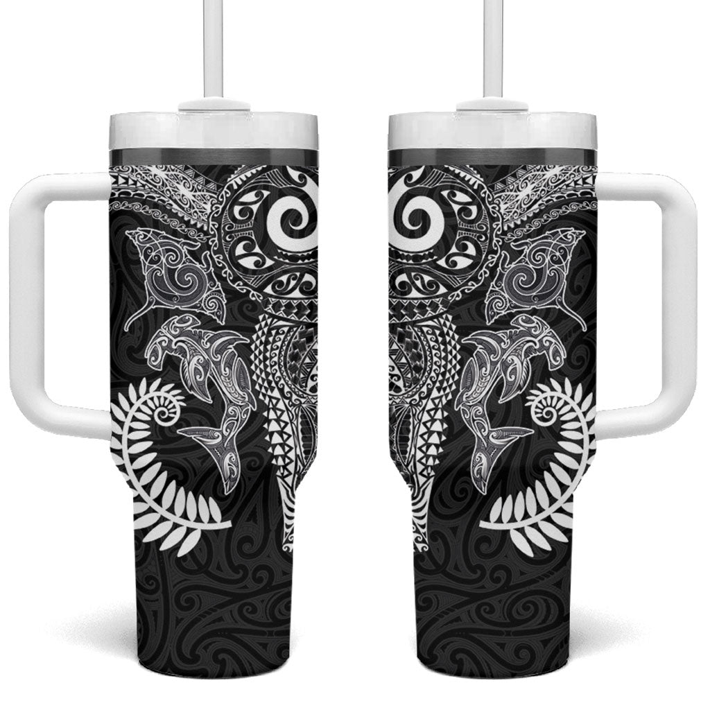 Aotearoa Maori Sea Animals Tribal Tumbler With Handle Manta Ray and Shark Moko Pattern Black Color