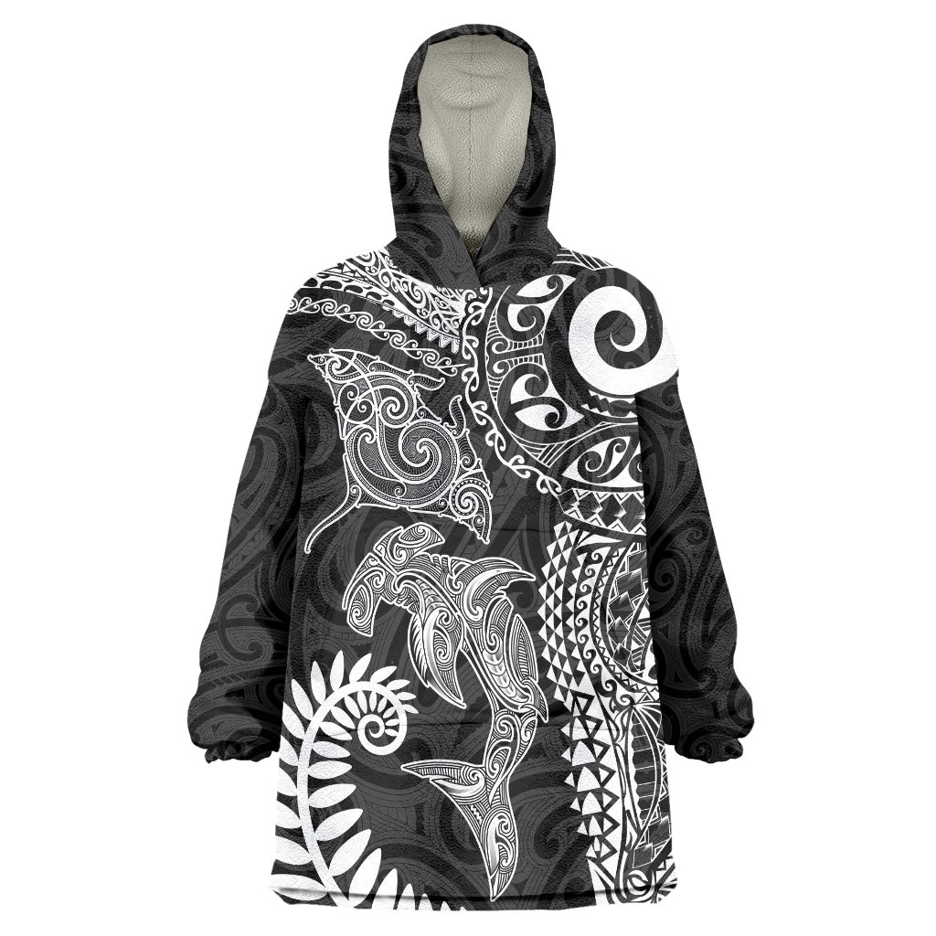 Aotearoa Maori Sea Animals Tribal Wearable Blanket Hoodie Manta Ray and Shark Moko Pattern Black Color LT03 One Size Black - Polynesian Pride