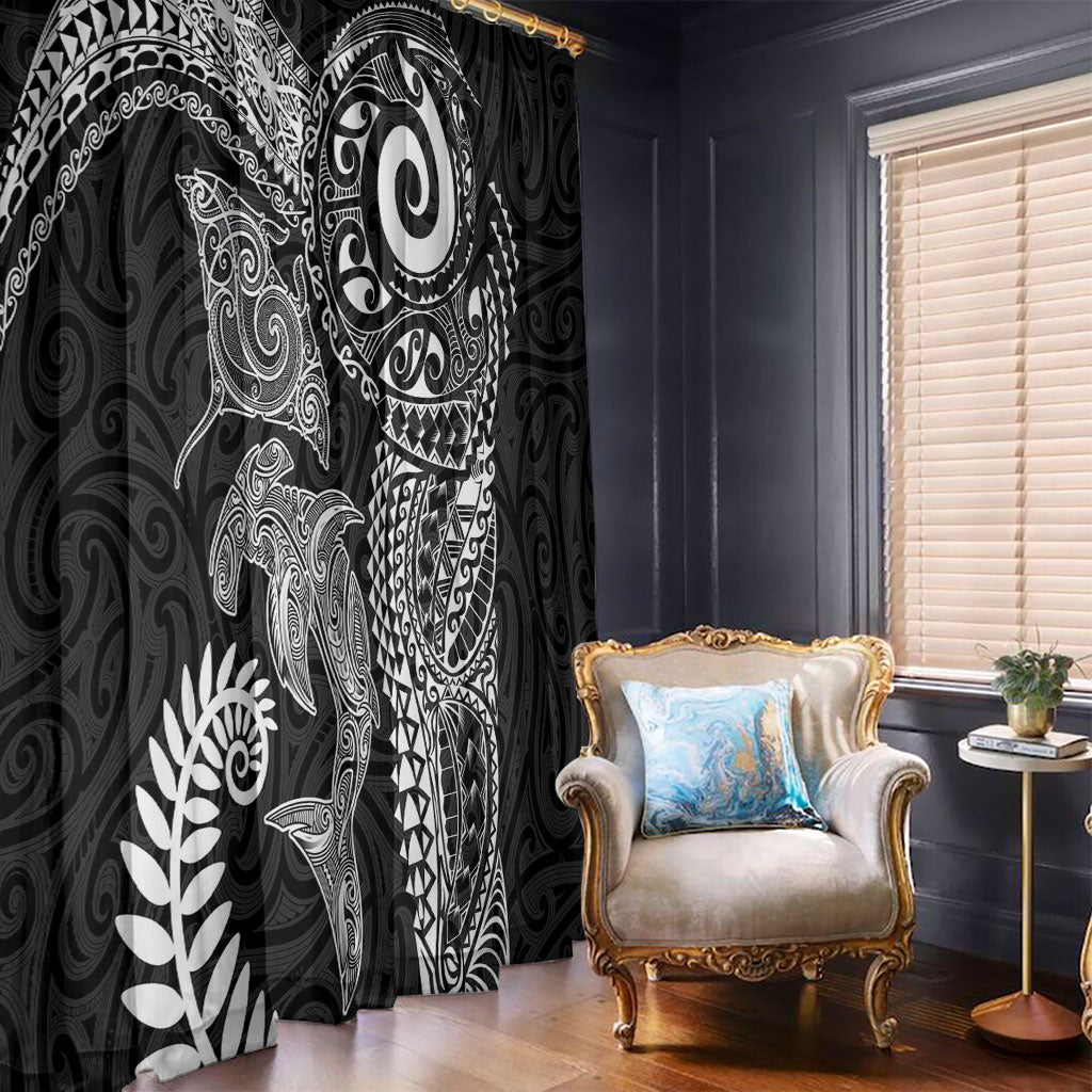 Aotearoa Maori Sea Animals Tribal Window Curtain Manta Ray and Shark Moko Pattern Black Color LT03 - Polynesian Pride