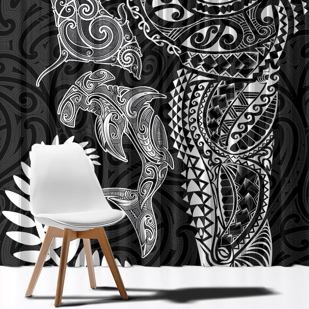 Aotearoa Maori Sea Animals Tribal Window Curtain Manta Ray and Shark Moko Pattern Black Color LT03 - Polynesian Pride