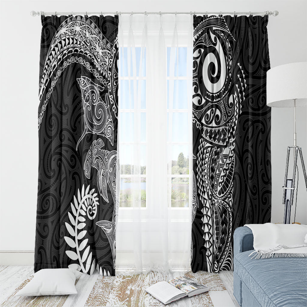 Aotearoa Maori Sea Animals Tribal Window Curtain Manta Ray and Shark Moko Pattern Black Color LT03 - Polynesian Pride