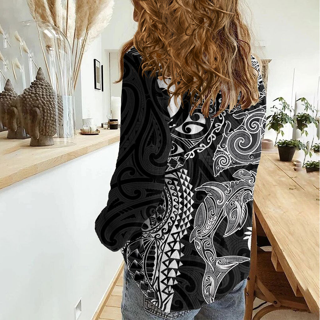 Aotearoa Maori Sea Animals Tribal Women Casual Shirt Manta Ray and Shark Moko Pattern Black Color