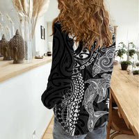 Aotearoa Maori Sea Animals Tribal Women Casual Shirt Manta Ray and Shark Moko Pattern Black Color