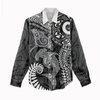 Aotearoa Maori Sea Animals Tribal Women Casual Shirt Manta Ray and Shark Moko Pattern Black Color