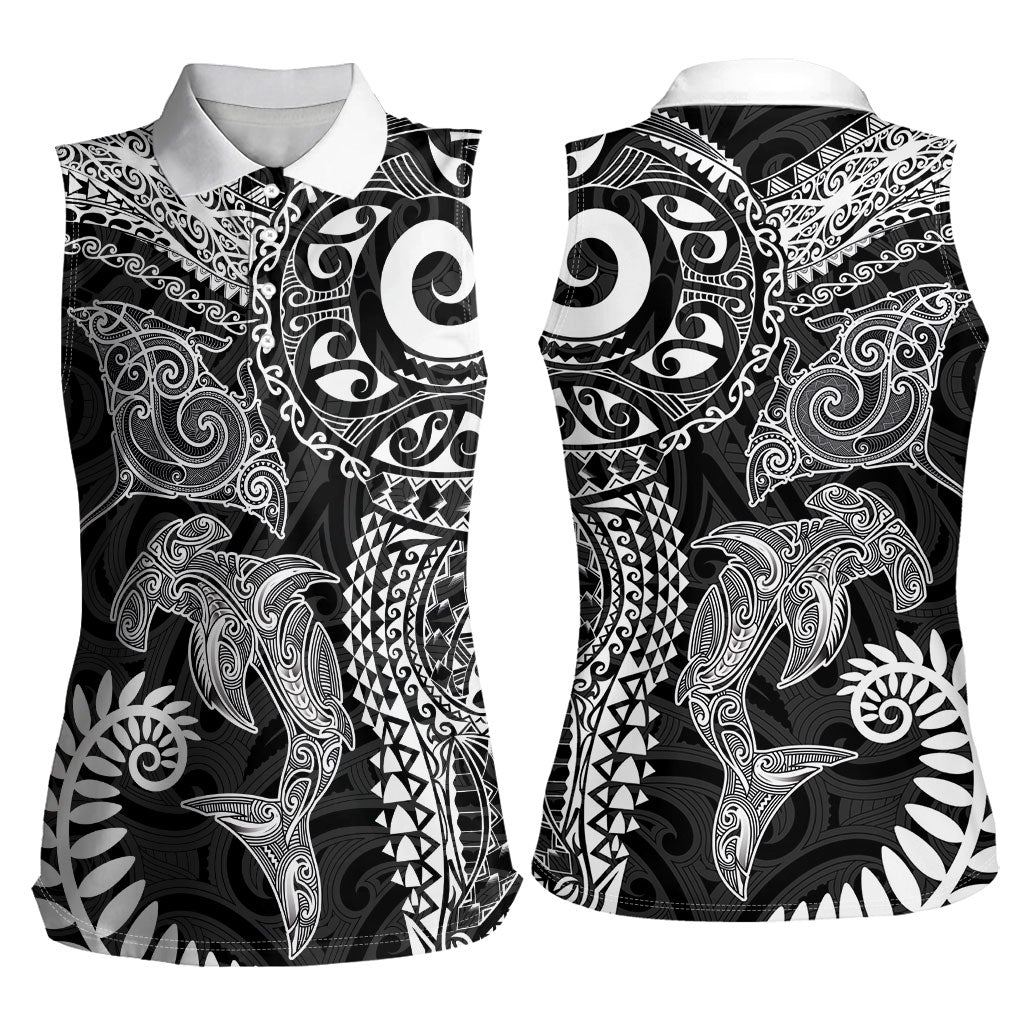 Aotearoa Maori Sea Animals Tribal Women Sleeveless Polo Shirt Manta Ray and Shark Moko Pattern Black Color