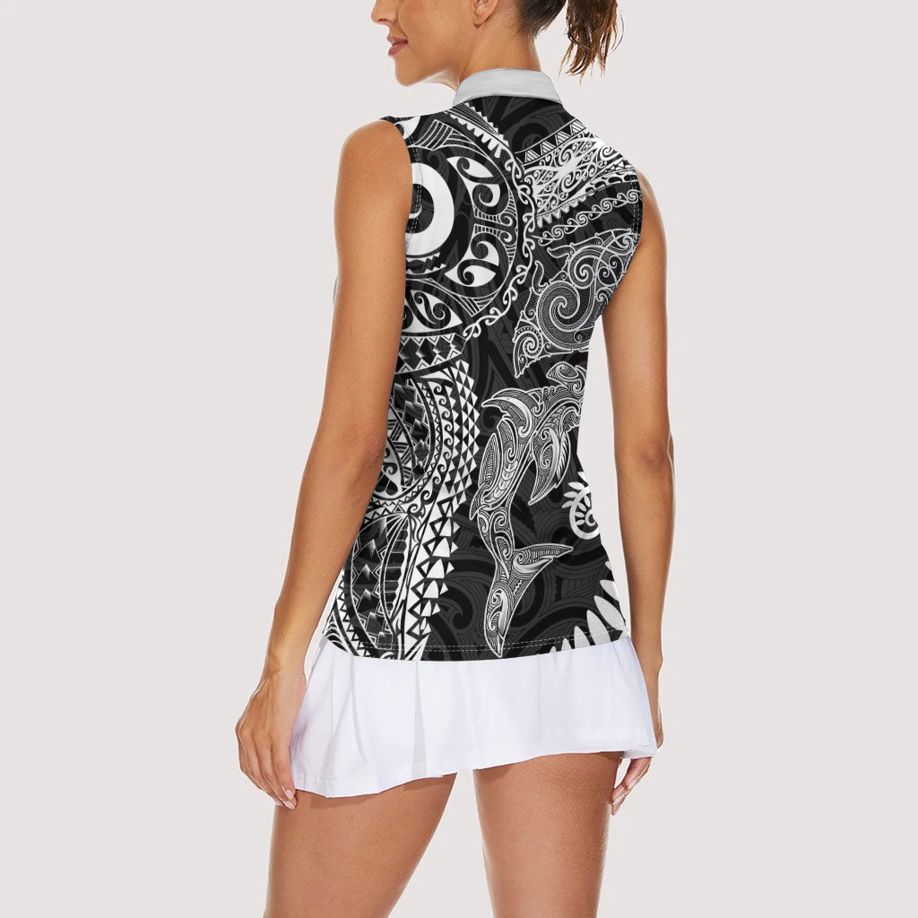 Aotearoa Maori Sea Animals Tribal Women Sleeveless Polo Shirt Manta Ray and Shark Moko Pattern Black Color