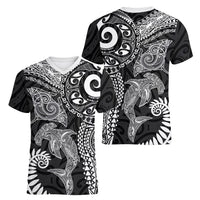 Aotearoa Maori Sea Animals Tribal Women V-Neck T-Shirt Manta Ray and Shark Moko Pattern Black Color