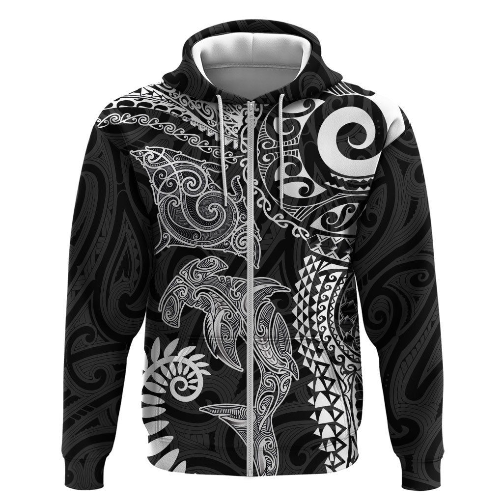 Aotearoa Maori Sea Animals Tribal Zip Hoodie Manta Ray and Shark Moko Pattern Black Color LT03 Zip Hoodie Black - Polynesian Pride