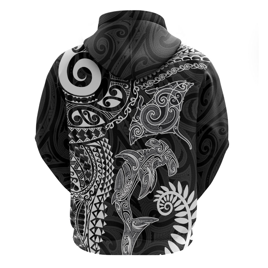 Aotearoa Maori Sea Animals Tribal Zip Hoodie Manta Ray and Shark Moko Pattern Black Color