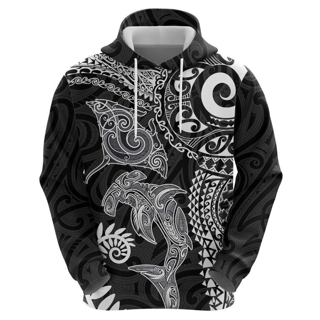Aotearoa Maori Sea Animals Tribal Zip Hoodie Manta Ray and Shark Moko Pattern Black Color