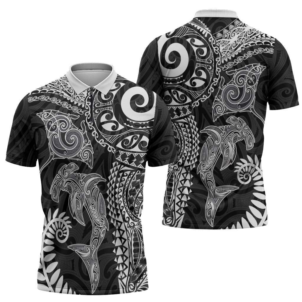 Aotearoa Maori Sea Animals Tribal Zipper Polo Shirt Manta Ray and Shark Moko Pattern Black Color
