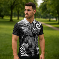 Aotearoa Maori Sea Animals Tribal Zipper Polo Shirt Manta Ray and Shark Moko Pattern Black Color